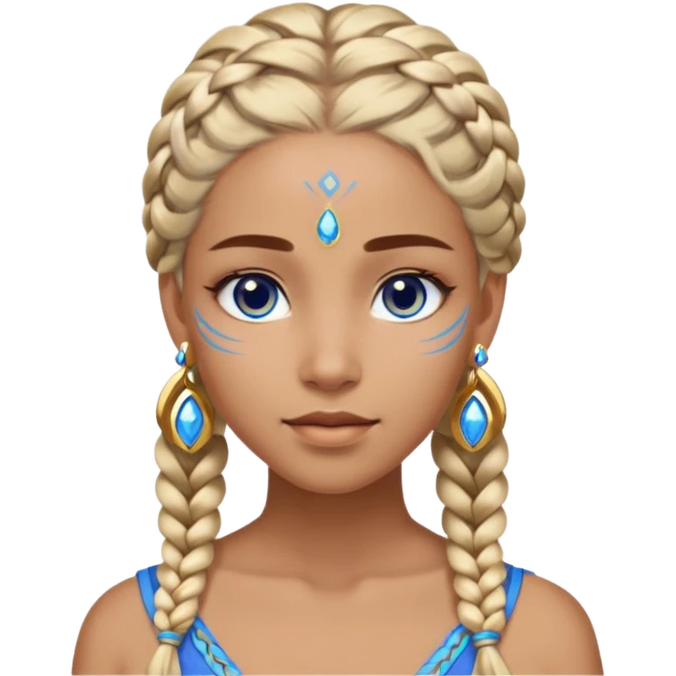 Draw a Na’vi female with glowing blue skin, white forehead markings, braided hair, gold earrings & a calm gaze. emoji