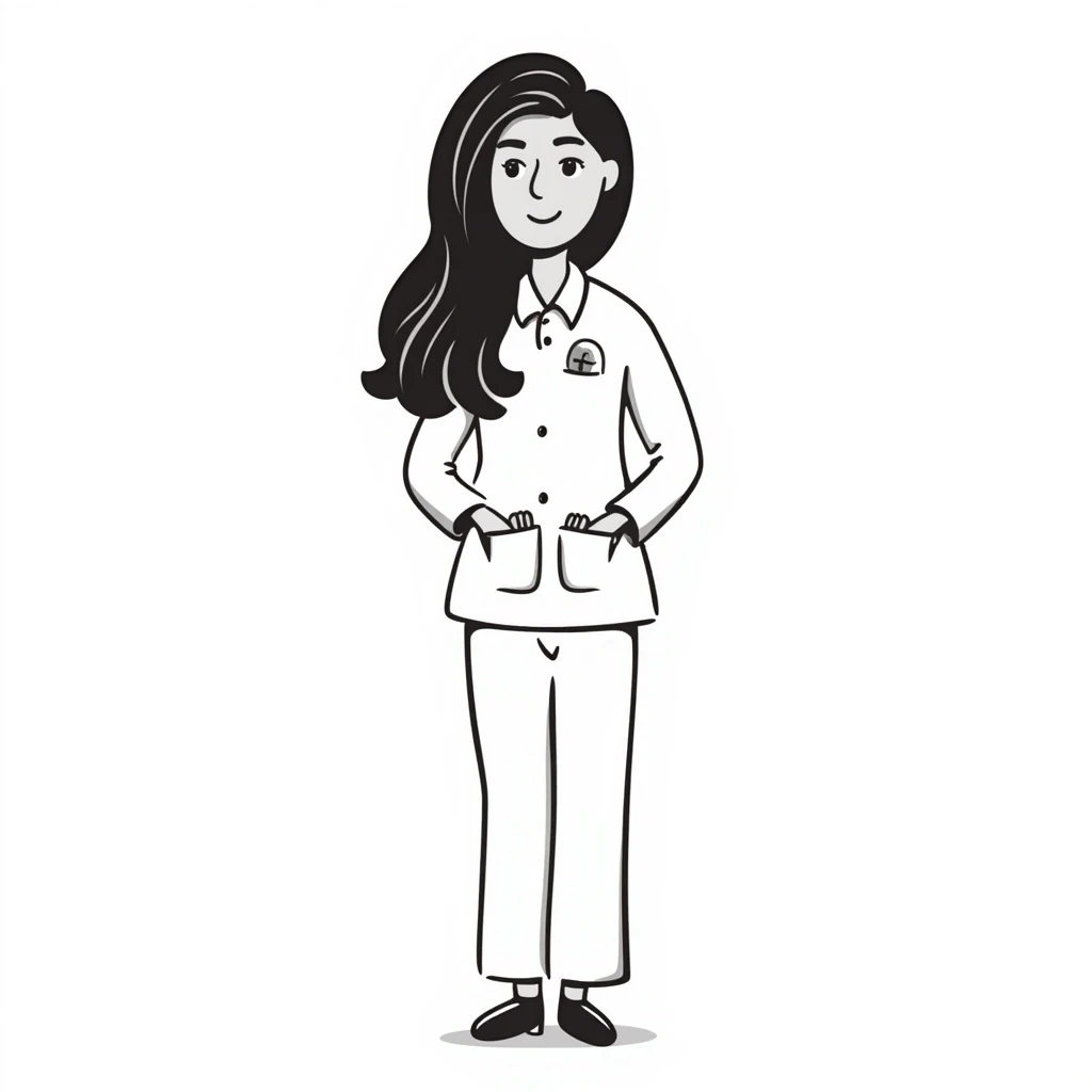 young woman, brown long wavy hair, medical white clothes, friendly, front view, smiling emoji