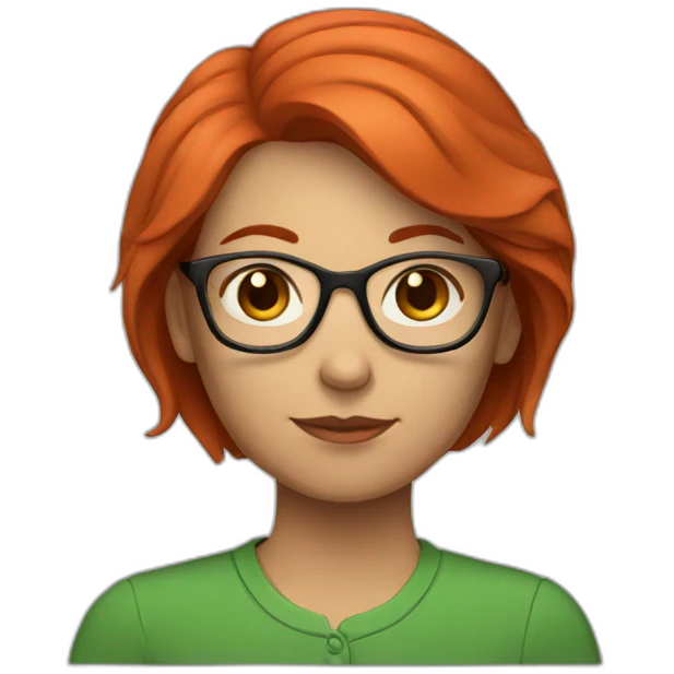 woman short red hair with glasses and a computer. Green shirt emoji