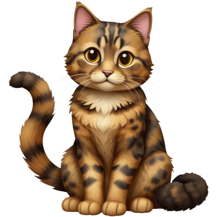cinematic-[tortoiseshell tabby cat]-realistic-full-body-sitting-emoji,-tail-curled-playfully-around-its-paws,-head-tilted-dramatically,-scruffy-[dark faced tortoiseshell coloured]-fur,-simplified-yet-realistic-focused-features,-highly-detailed,-glowing-with-an-almost-sarcastic-glow emoji