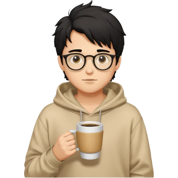 a light tan handsome boy with messy a black hair and spectacles. wearing a beige oversized and loose hoodie with a coffee in hand emoji