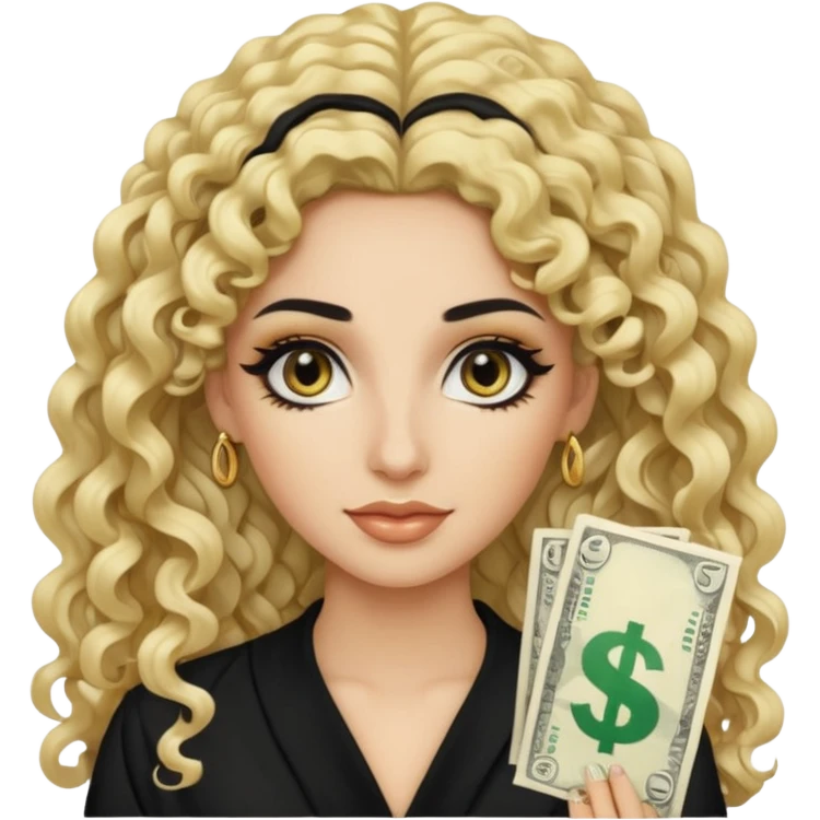 Pale Saudi pretty baddie, black eyeliner, curly long hair with blonde money piece hairstyle emoji