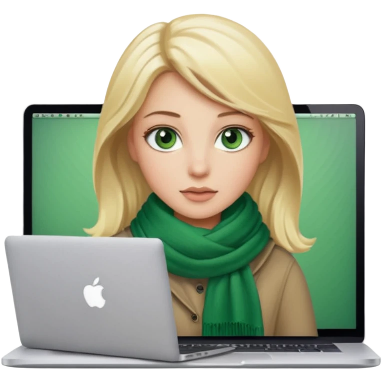 blond women skine , with green eyes and scarf . with macbook emoji