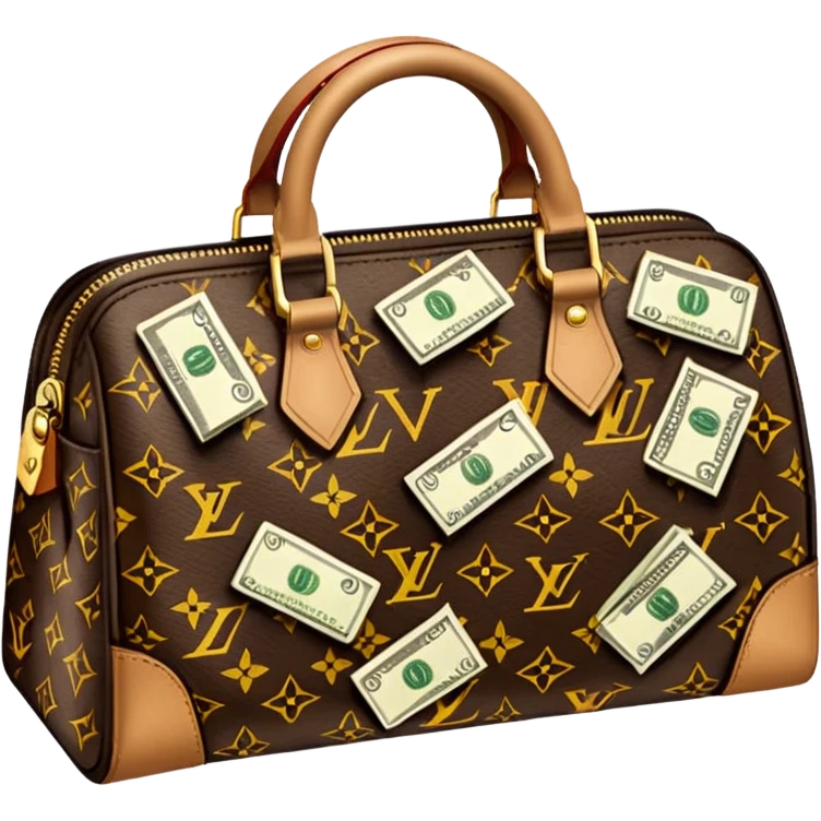 Louis Vuitton purse with dolars in the bag emoji