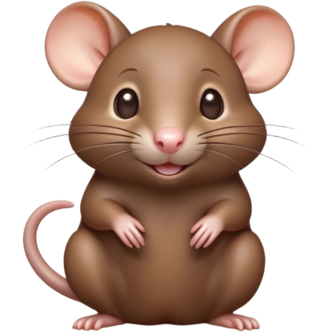 Cinematic Cute Brown Rat Portrait Emoji, Head tilted playfully and inquisitively, with a compact, nimble build and a glossy brown coat accentuated by a twitching nose and round, sparkling eyes full of curiosity, Simplified yet irresistibly adorable features, highly detailed, glowing with a warm, friendly glow, high shine, affectionate and clever, stylized with a touch of urban whimsy, soft glowing outline, capturing the essence of a mischievous yet loving rat that feels like it could dart out of the screen into your arms! emoji