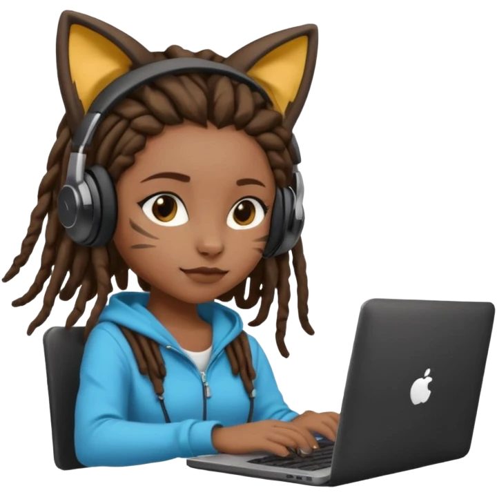black girl with dreads who works remotely through a laptop with cat ear headphones emoji
