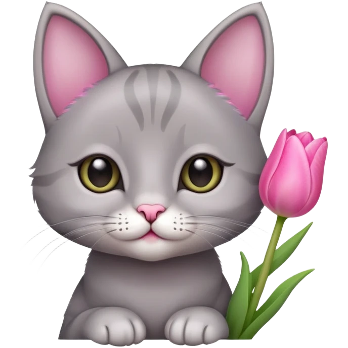 A cute grey little cat and a tulip emoji