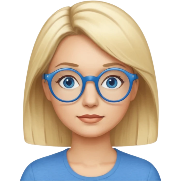 femme 40 ans cheveux garçon blond avec raie sur le coté, yeux bleu et lunettes rondes bleues emoji