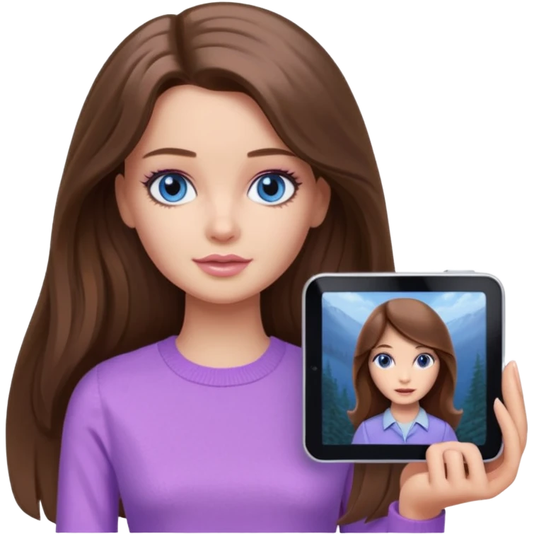 beautiful barbie girl with long brown hair, blue eyes and wearing light purple clothes watching stranger things on tv emoji