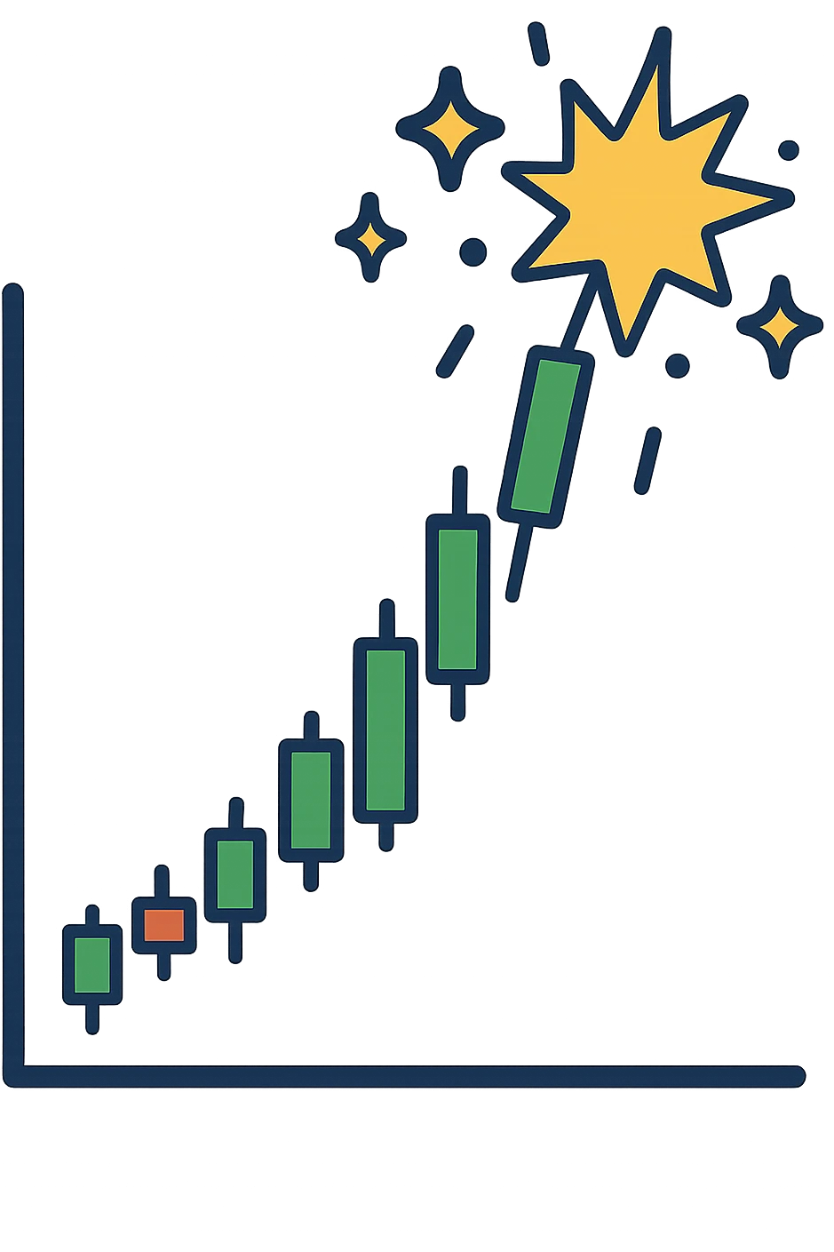 chart with green candles exploding upwards, flat modern style, bright saturated colors including golds, greens, reds, minimal but expressive, universal look emoji