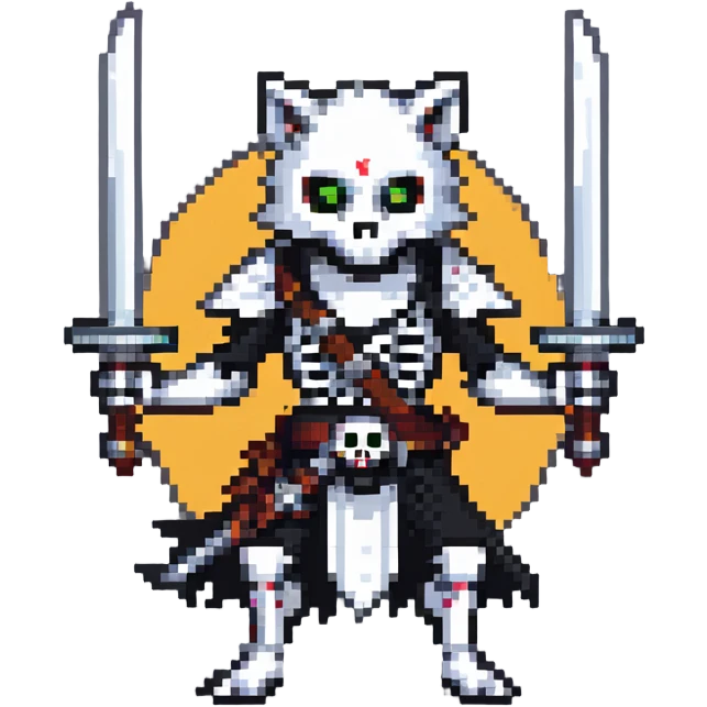 pixel art ninja skeleton wielding swords, accompanied by a white wolf emoji