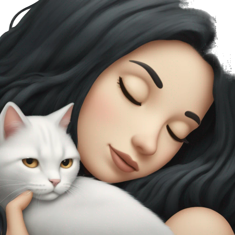 A pretty white girl with very long black hair and sleeping curled up to a white cat  emoji