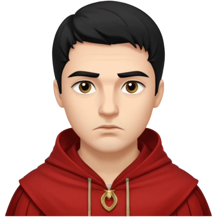 A handsome man with fair complexion. masculine, roman, slightly crooked nose. Thick triangular eyebrows. Hooded eyes and black pupils.  pouty lips with a heavy top lid.  thick black hair  80/20 part with an undercut.  emoji