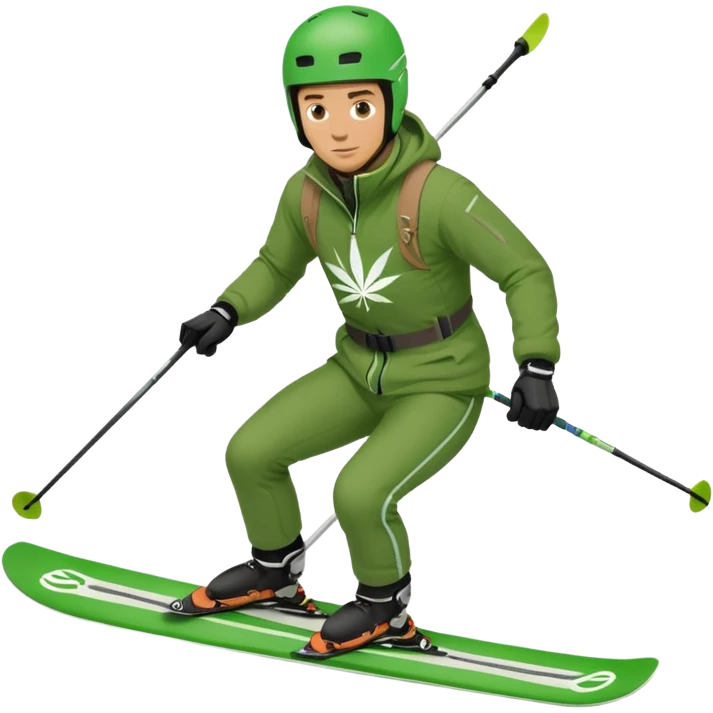 Man slalom skiing in green jacket with the green medical marijuana cross on it emoji