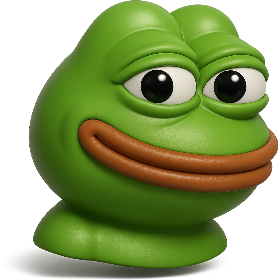 make a pepe in bright green smiling with thought bubble looking at right side in 3d style, good highlights and shadows, drop shadows  emoji