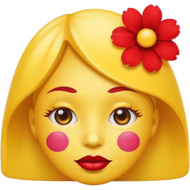 Create an yellow circle face emoji that lips are big, red, shiney and have flower on her head emoji
