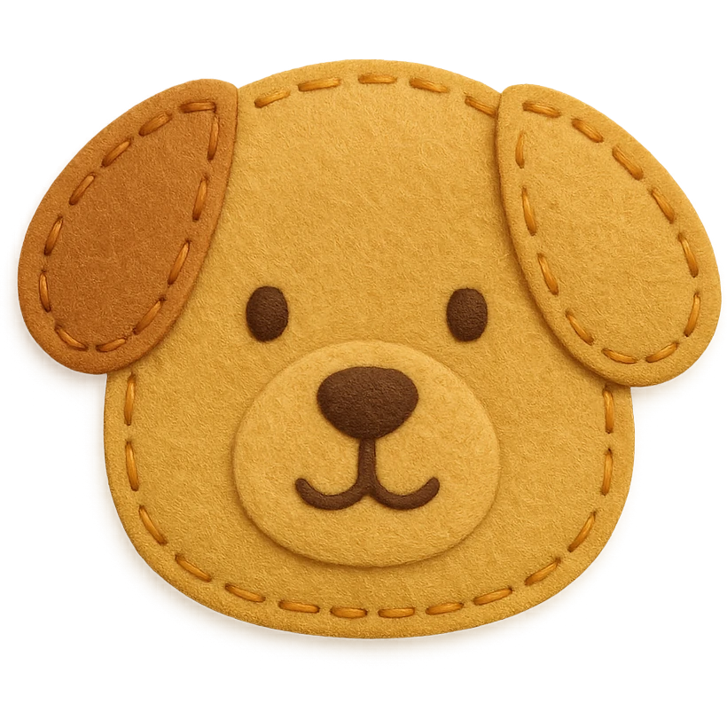 <StylePrompt>
  <Name>Minimal Felt Appliqué Icon</Name>
  <Description>
    A soft, handcrafted felt icon style with lightly padded forms, simple shapes, and clean outlines. Features slightly more visible stitching for tactile charm while maintaining a low-detail aesthetic.
  </Description>
  <VisualProperties>
    <Material>Felt</Material>
    <Texture>Soft, matte surface with subtle fiber detail</Texture>
    <Stitching>
      <Type>Threaded edge stitch</Type>
      <Color>Muted orange or warm brown</Color>
      <Pattern>Evenly spaced running stitch around edges</Pattern>
      <Thickness>Medium (approximately 10% more pronounced than minimal)</Thickness>
      <Contrast>Moderate (stitch color clearly distinct from base felt)</Contrast>
    </Stitching>
    <Padding>Low to moderate—slightly raised but not deeply dimensional</Padding>
    <Edges>Smooth and rounded with clean curves</Edges>
    <ColorPalette>
      <Primary>Warm yellows, oranges, and browns</Primary>
      <Accent>Dark brown for facial features</Accent>
      <Background>Neutral off-white or soft beige</Background>
    </ColorPalette>
  </VisualProperties>
  <FacialFeatures>
    <Eyes>Small round dots</Eyes>
    <Nose>Simple oval or triangle</Nose>
    <Mouth>Minimal curved line or none</Mouth>
    <DetailLevel>Low</DetailLevel>
  </FacialFeatures>
  <Rendering>
    <Lighting>Soft and diffused</Lighting>
    <Shadows>Subtle, barely visible</Shadows>
    <Perspective>Front or side profile, flat angle</Perspective>
  </Rendering>
  <Applicability>
    <SubjectType>Animals, symbols, objects</SubjectType>
    <OutputFormat>Icon, patch, or sticker</OutputFormat>
  </Applicability>
</StylePrompt>

{subject} = dog emoji