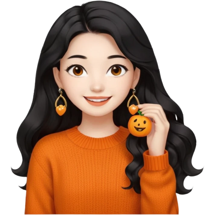 Korean 24-year-old female online shopping mall seller / Orange knit / White face / Earrings / Smiling expression / Long wavy hair / Influencer vibe / Fashionable / Black hair emoji