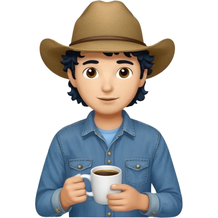 Ranch hand with blue hat and coffee mug, curly black hair emoji