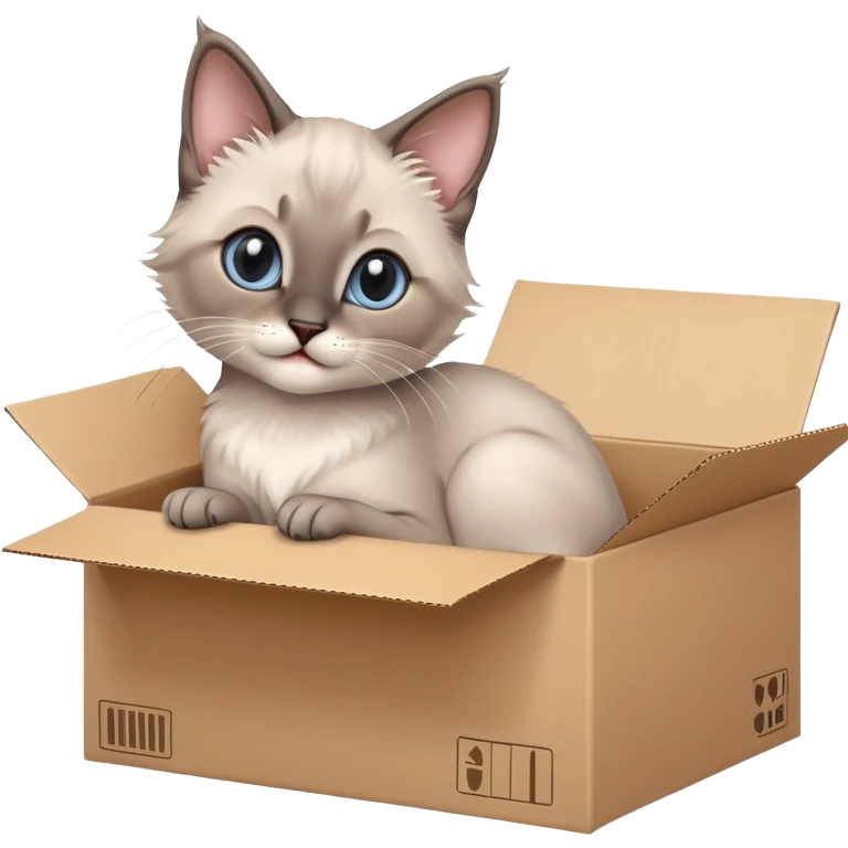  A very cute gery young happy kitten long hair Siamese Cat cat with one's head tilted to one side poked its paws out of the cardboard big box and placed them on top of it emoji