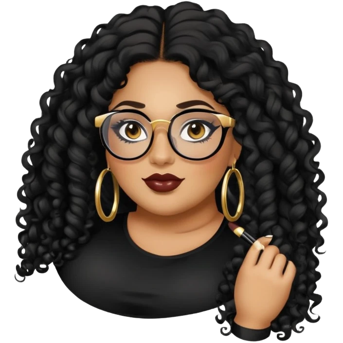 big plus size, latina, darker tan skin, gold hoops, long black curly hair, baddie,pretty, makeup, lipgloss, black eyeliner, long hair, black top, black glasses emoji