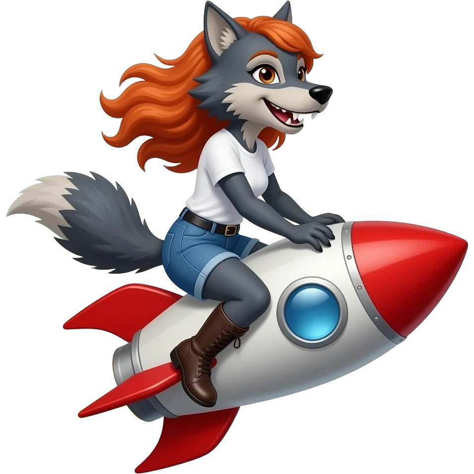 red headed werewolf girl riding a red rocket emoji