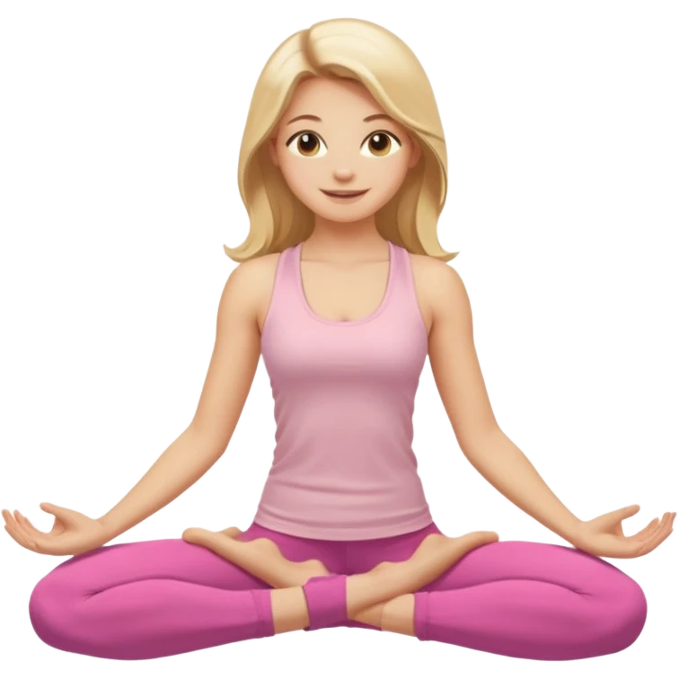 Create a young woman with long blonde hair, golden eyes, and medium-light skin tone, wearing a light pink tank top and leggings. She should be doing yoga, with a smile emoji