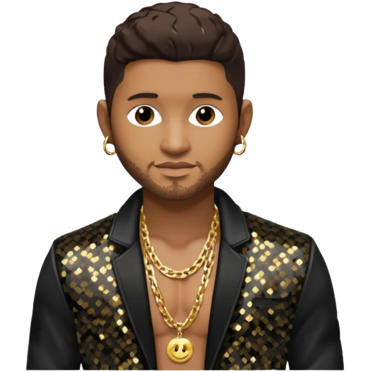 Usher with dark brown hair, black sequin jacket, shirtless with necklace  emoji