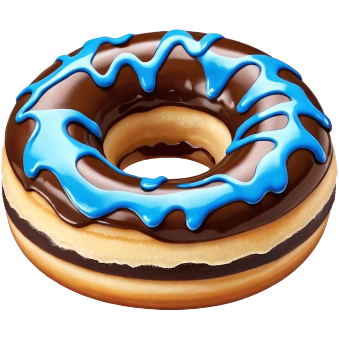 A doughnut with chocolate icing, blue colored drizzle across the top of the donut. No other colors on it!! emoji