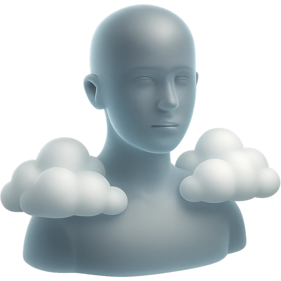 person looking straight ahead, shoulders filled with convex white fluffy clouds, matte glass style emoji
