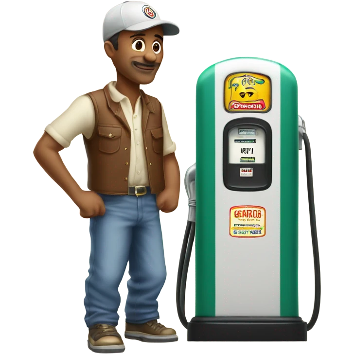 Middle aged man with ballcap standing next to vintage gas pump emoji
