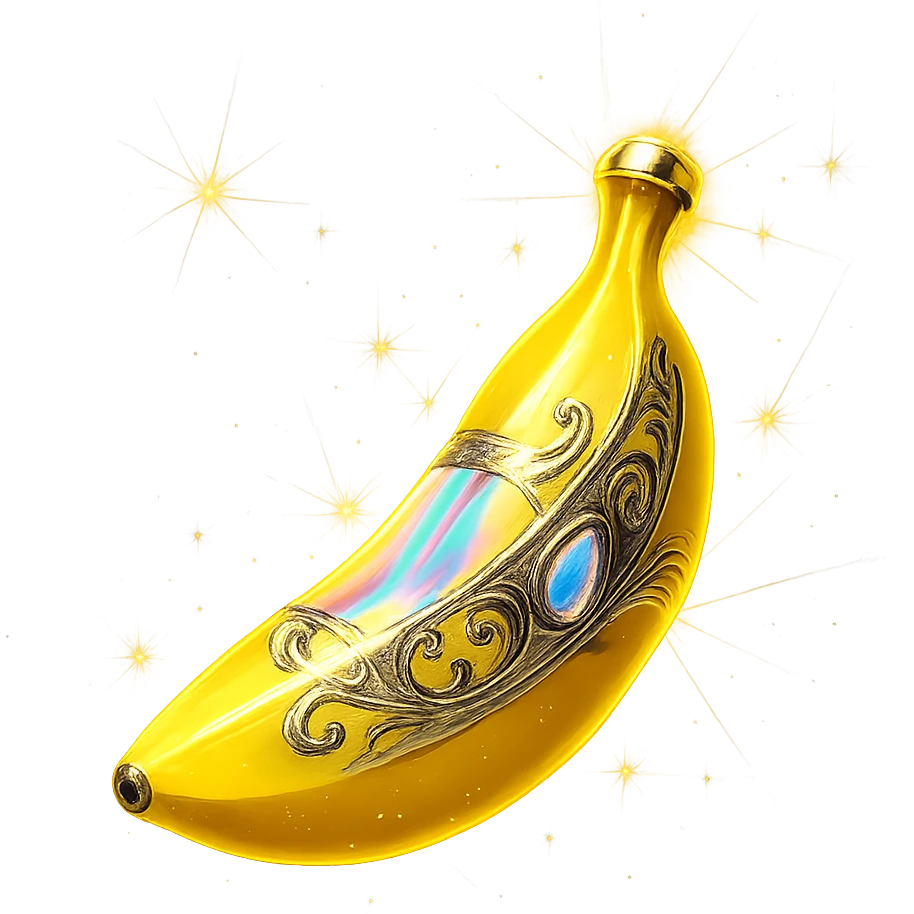 modernus prabangus eliksyro buteliukas, banano forma, banano geltonumo spalva, holografiniai ir sidabriniai ornamentai, maksimaliai stiprūs magiški švytėjimai ir efektai, labai mažas kaklelis, skaidrus fonas, vientisas dugnas, be šešėlio, plūduriuoja ore, kolekcijos stilius emoji