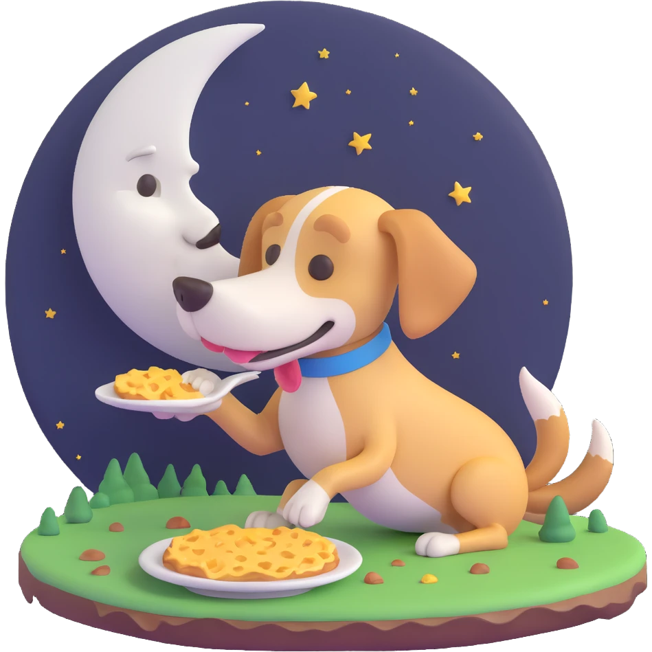 a dog eating something on the moon, 3d emoji style emoji