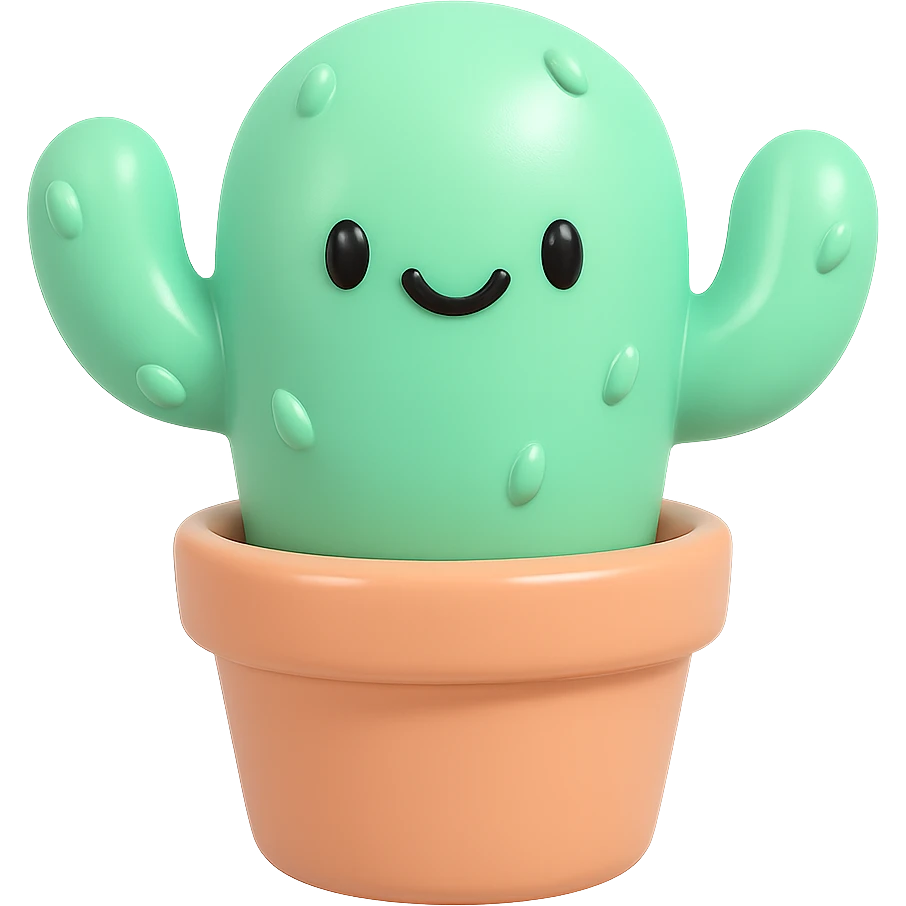 smiling cactus in a pot, vinyl figure style, exaggerated features, shiny finish, simple background emoji