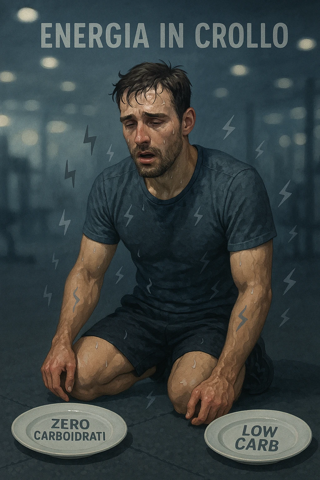 Uomo sportivo sui 30 anni in palestra, inginocchiato, esausto, con il volto sudato e un’espressione di forte stanchezza. Le luci della palestra sembrano sfocate, a simboleggiare confusione mentale. Accanto a lui, piatti vuoti con scritte tipo 'zero carboidrati', 'low carb'. I muscoli appaiono sgonfi e senza tono, mentre piccoli simboli di energia (come fulmini grigi spenti) si allontanano dal suo corpo. In alto, la scritta 'Energia in crollo'. Atmosfera spenta, colori freddi, sensazione di vuoto e affaticamento. in italiano emoji