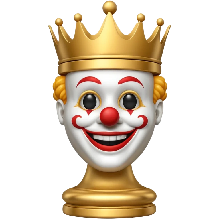3D chess king piece with a clown head, gold king piece, clown head all white emoji