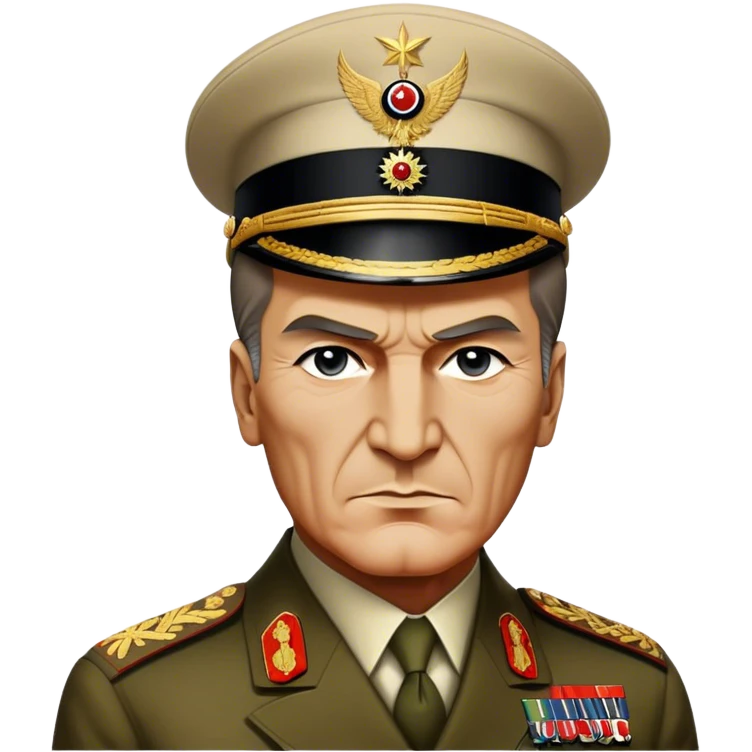 Cinematic Realistic Mustafa Kemal Atatürk Portrait Emoji, depicted as a visionary statesman with a determined gaze and period military attire, rendered with rich textures and dynamic historical lighting that captures his transformative leadership. emoji