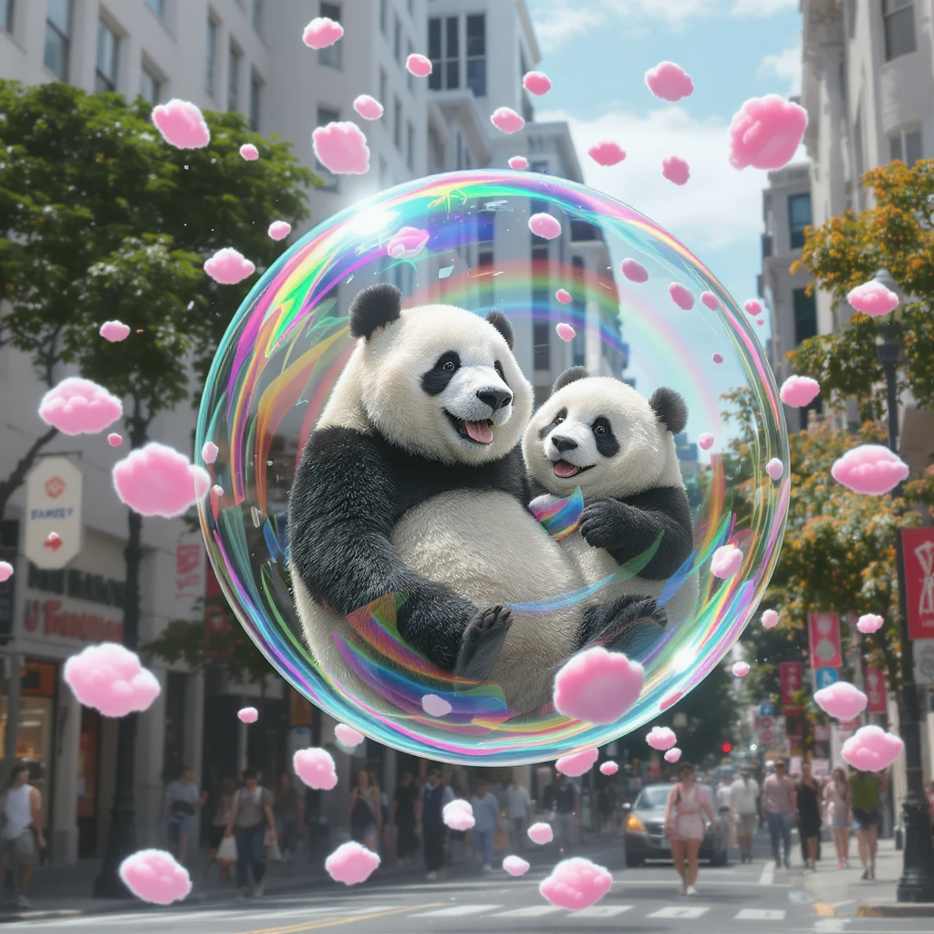 Cinematic still pandas bears sitting inside bubbles flying around San Francisco downtown, sunny summer day, happy vibe, colorfull surround, rainbow, small cute pink clouds around emoji