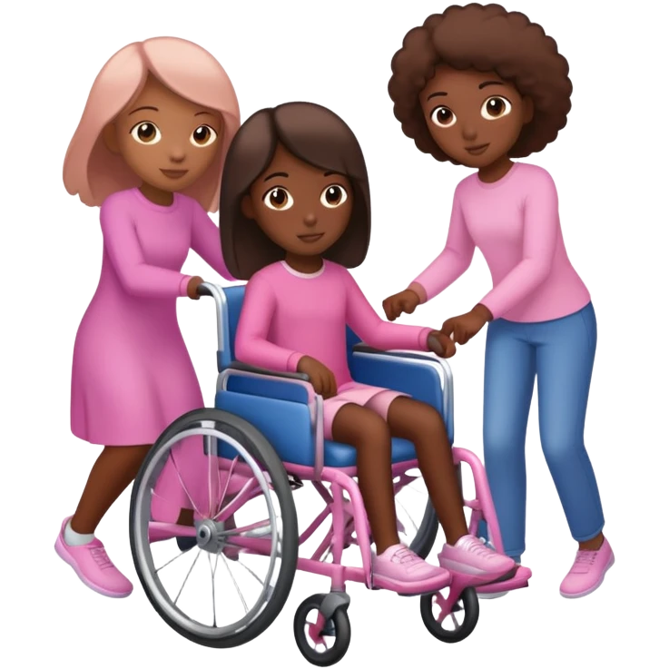 One dark skinned sister and one tan skinned sister pushing her light brown sister in a pink wheelchair emoji