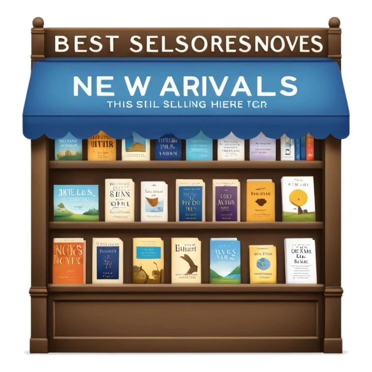 Bookstore window display. A sign displays “New Arrivals This Week”. Below, a shelf tag with the text “Best-Selling Novels Here”.  emoji