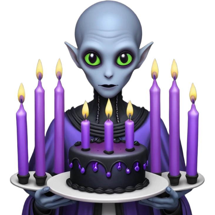 A tall mysterious alien holding a gothic black birthday cake with glowing purple candles, dark foggy alien planet, bioluminescent plants, dramatic shadows, dark fantasy sci-fi art, hyper detailed, moody lighting

 emoji