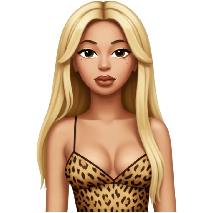 Beyoncé with very long straight blond hair and spaghetti strap leopard dress, mouth shut, eyes rolled up and left emoji