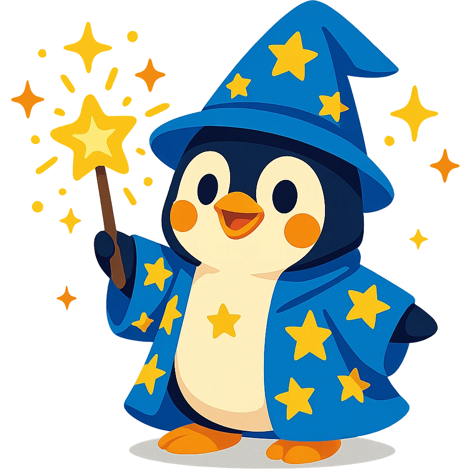 cute penguin wizard with a starry robe and a glowing wand, magical sparkles around emoji