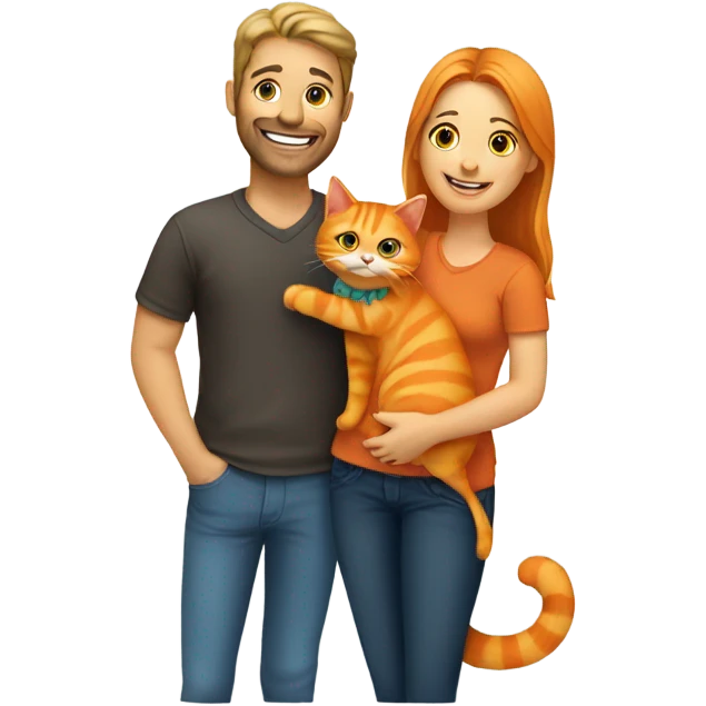 a happy woman and a man are friends and holding a orange cat emoji