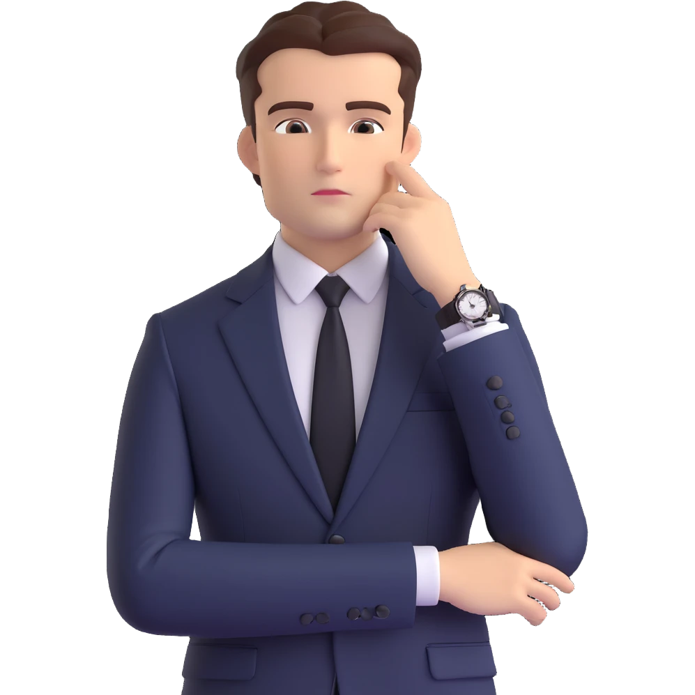 emoji-style illustration of a businessman from the waist up, wearing a suit, hand under chin, gazing to the side with thoughtful expression, luxury watch subtly shown on wrist, curious and contemplative mood, clean background emoji