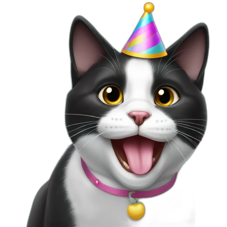 black and white cat (named Marta) being silly, with her tongue out, in a party hat emoji