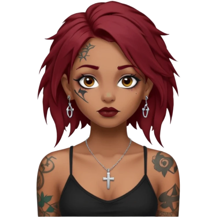 generate an ios genmoji of a dusky girl with long dark red messy hair with eyeliner on her eyes. septum piercing, wearing a cami black top, has tattoos, on shoulders. ear piercings. wearing a cross silver necklace. 


no tattoos on face emoji