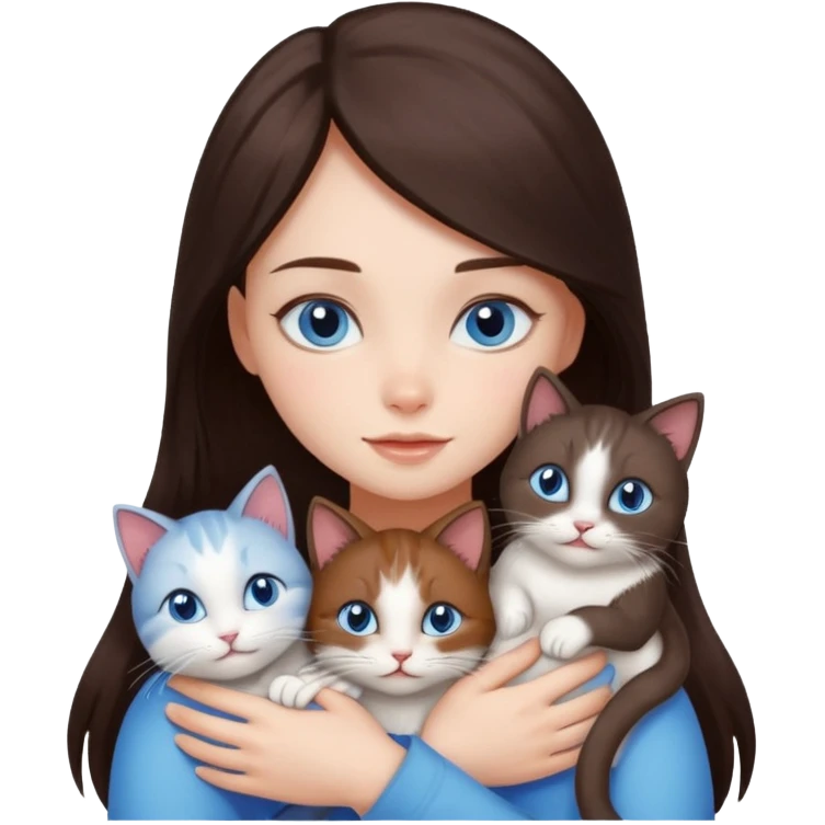 a pretty girl with long dark brown hair, with blue eyes, hugs 3 different natural coloured small cats emoji