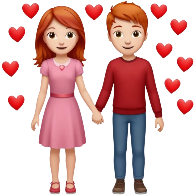 A red-haired girl holding hands with a boy, both smiling at each other, in a romantic setting with hearts in the background. emoji
