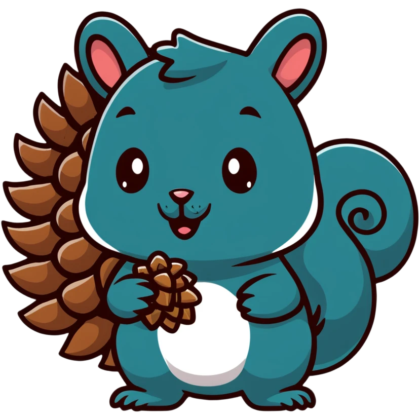 A greedy little squirrel with a big pine cone on top of its head, showing a strange facial expression, wide eyes emoji